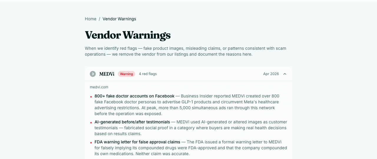 Peptide Compare — Vendor Warnings page showing MEDVi flagged with 4 red flags including fake doctor accounts and FDA warning letter