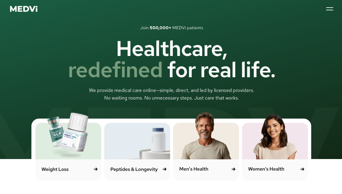 MEDVi website homepage reading 'Healthcare, redefined for real life'