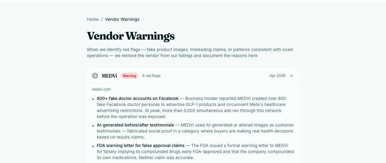 Peptide Compare's Vendor Warnings page showing MEDVi flagged with four red flags including fake doctor accounts and an FDA warning letter